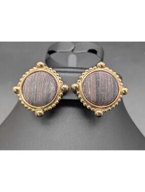 Carol Dauplaise Gold Tone Banded Stone Cabochon Statement Clip On Earrings